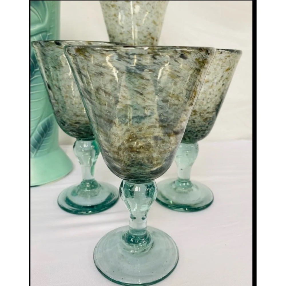 Block Festival Blue & Green Bubbled Goblets Glass Hand Blown Set Of 4